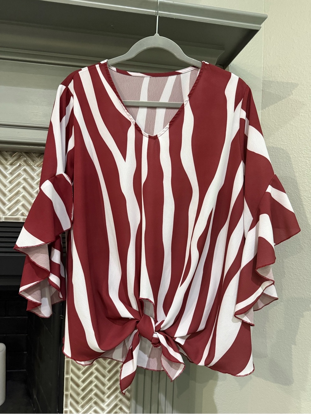 Women's Brown and White Striped Knot-Front Blouse